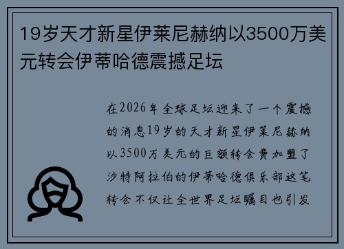 19岁天才新星伊莱尼赫纳以3500万美元转会伊蒂哈德震撼足坛 19岁天才新星伊莱尼赫纳以3500万美元转会伊蒂哈德震撼足坛