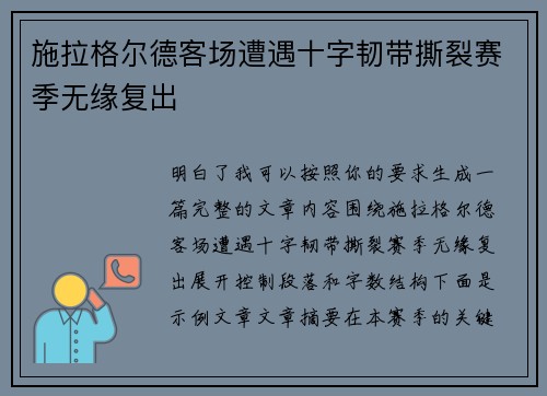 施拉格尔德客场遭遇十字韧带撕裂赛季无缘复出